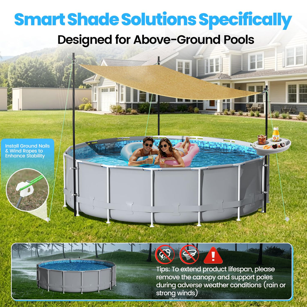 Vidoya Above Ground Pool Canopy Sunshade Set with Storage Tray - Pool Shade Sail Triangular 13'x13'x13' for 15-22 FT Pools, UV-Resistant Shade Cloth, Swimming Pool Awning Cover for Deck, Patio, Garden