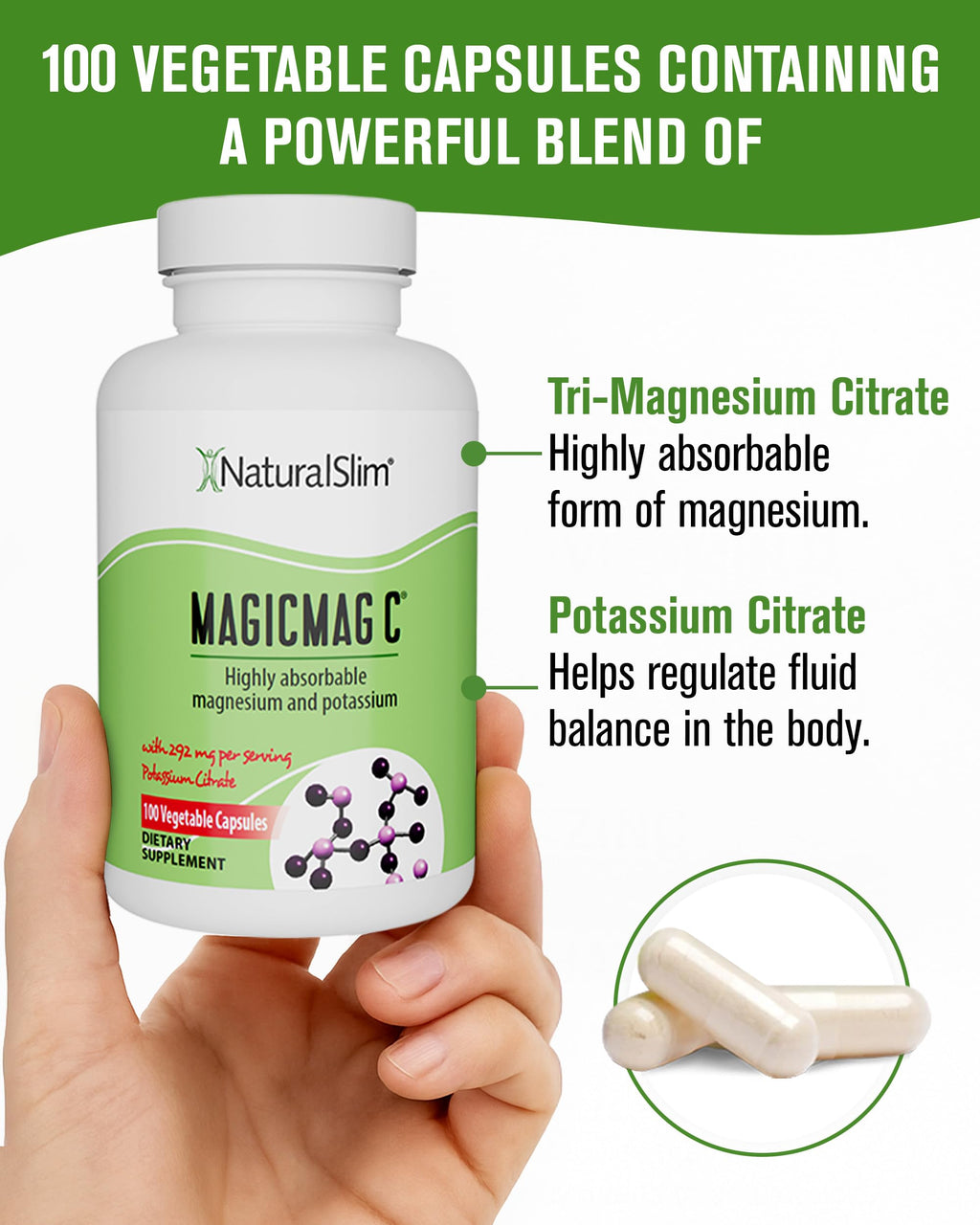 MagicMag C by NaturalSlim, Magnesium Citrate Capsules for Muscle Relaxation, Sleep Quality, Nerve Function & Electrolyte Support, Daily Magnesium Supplement for Men and Women, 100 Capsules