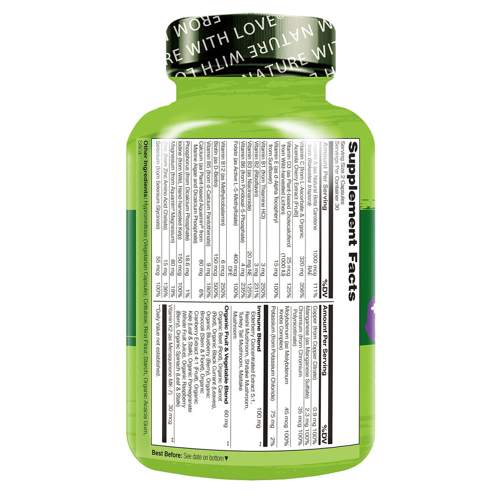 NATURELO Whole Food Multivitamin + Immune Blend with Elderberry & Mushrooms - Complete Multivitamin with Extra Immune Support - C, D3, Zinc, Elderberry, Reishi, Shitake, 60 Vegan Capsules (Pack of 2)