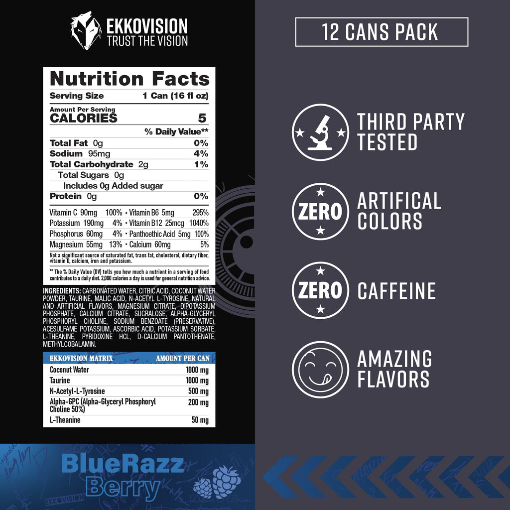 Ekkovision Energy Drink, Blue Razz, Caffeine Free, Coconut Water, L Theanine, Alpha Gpc & L Tyrosine For Balanced Energy, Electrolytes & Smooth Hydration, 16 Fl Oz Can, 12 Pack