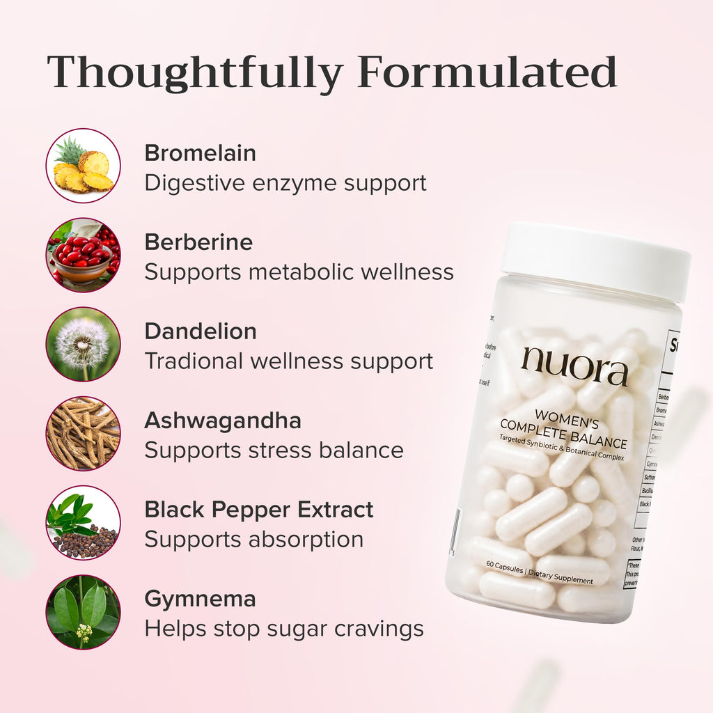 Nuora Biofilm Probiotic | Pineapple Probiotics for Women to Boost Metabolism, Support All-Day Energy, Help Puffiness & Bloating | Natural, Vegan, & Gluten-Free | 60ct of Nuora Gut Health Capsules