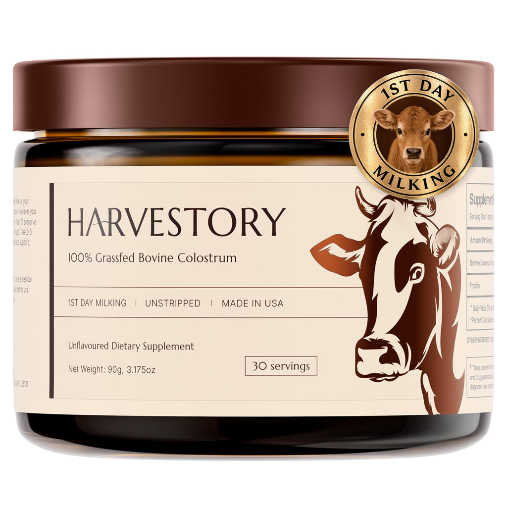 Harvestory Grass-Fed Bovine Colostrum Powder - First-Day Milking, Unstripped Full-Fat - Supports Gut Health, Immunity, Skin & Hair - Unflavored, Non-GMO, Made in USA, 30 Servings