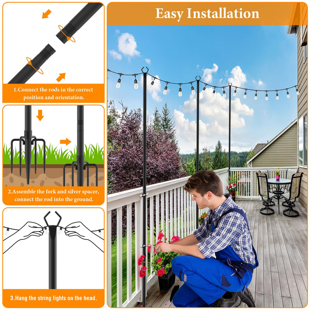 Mutovlin 2 Pack String Light Poles,10 Ft Light Poles for Outside String Lights,Outdoor Lights Pole with Fork,Metal Poles Stand for Patio Deck Backyard (10FT 2 Pack)