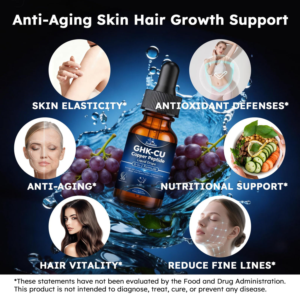 GHK-CU Peptides Supplement Oral Drop, Pro 6-in-1 GHK CU Copper Peptides with Hydrolyzed Marine Collagen Hyaluronic Acid Biotin Grape Seed Extract for Hair Growth Skin Elasticity & Anti-Aging Women Men