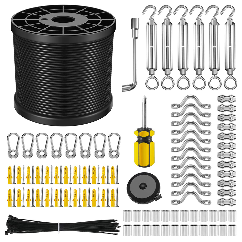 NEREUS String Light Hanging Kit with 200 Ft Vinyl Coated 304 Stainless Steel Cable, String Light Suspension Kit, Guide Wire with Turnbuckles and Hooks for Patio, Backyard Lighting Accessories
