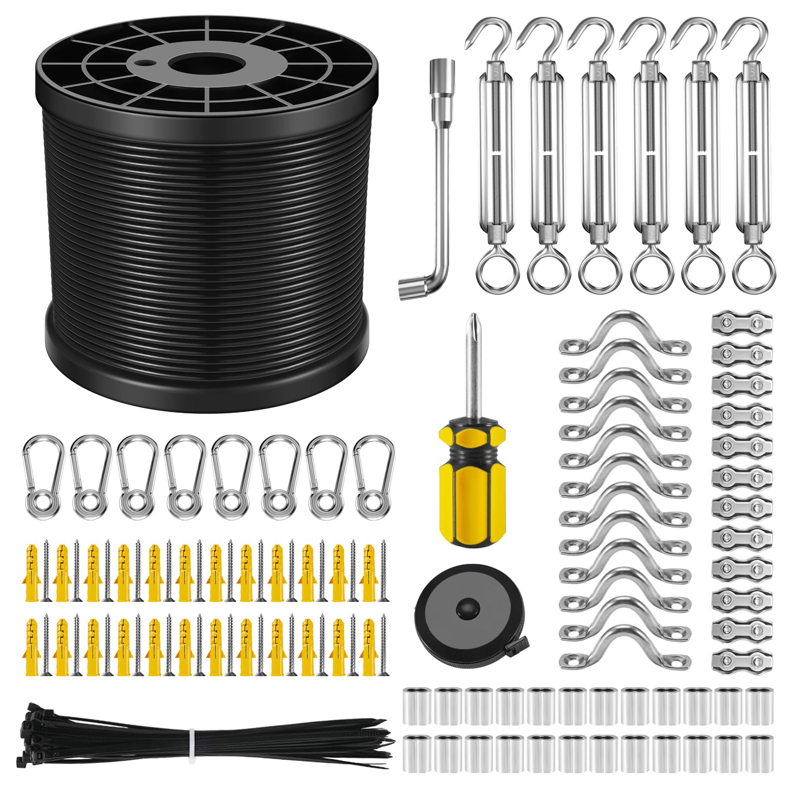 NEREUS String Light Hanging Kit with 200 Ft Vinyl Coated 304 Stainless Steel Cable, String Light Suspension Kit, Guide Wire with Turnbuckles and Hooks for Patio, Backyard Lighting Accessories