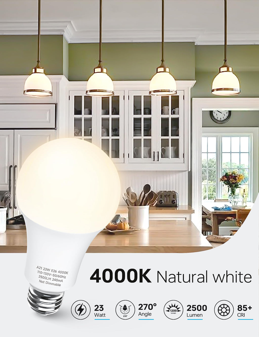 KINDEEP A21 LED Bulbs, 150-200 Watt Equivalent High Watts Bulbs, 23W Super Bright Light Bulbs E26 Base, 2500 Lumens, 4000K Natural White for Your Home Office, Store, Garage, Warehouse, Non-Dim, 6-Pack