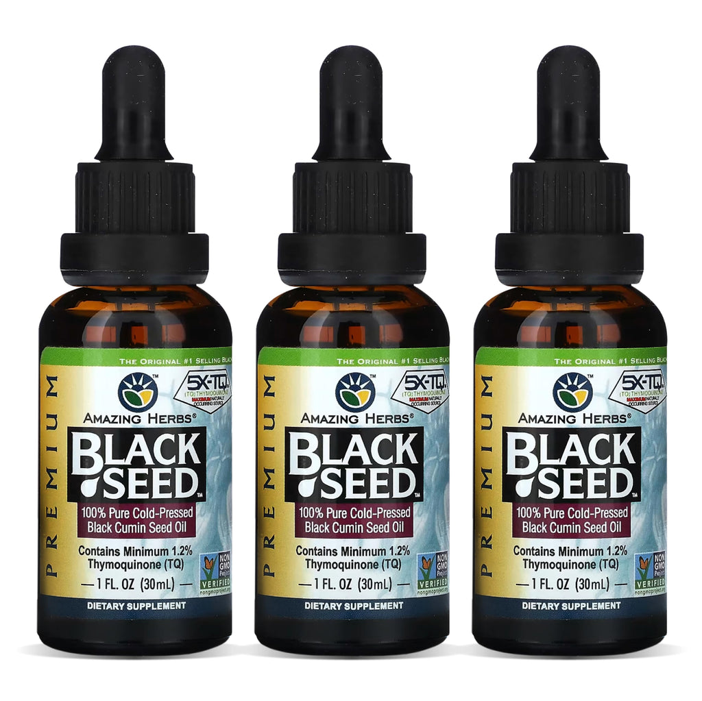 Amazing Herbs Premium Black Seed Oil - Gluten Free, Non GMO, Cold Pressed Nigella Sativa Aids in Digestive Health, Immune Support, Brain Function - 1 Fl Oz (Pack of 3)