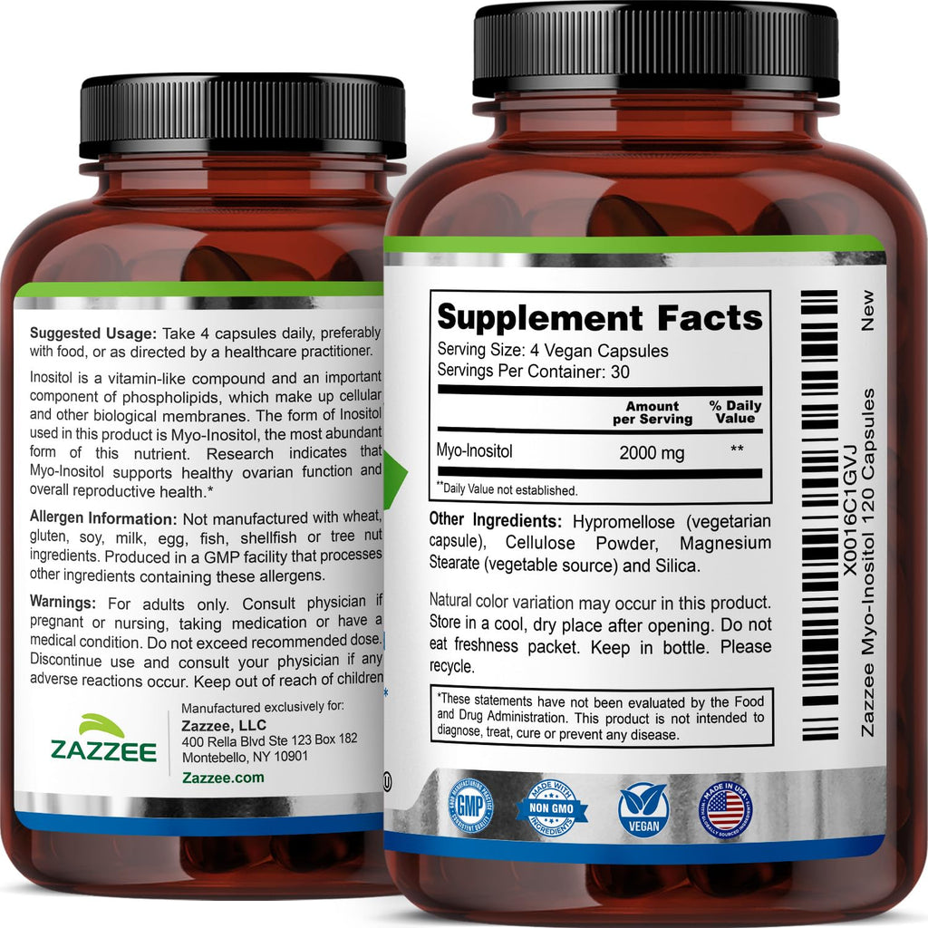 Zazzee Myo-Inositol Capsules, 2000 mg per Serving, 120 Vegan Capsules, Ideal Dosage for 40:1 Ratio, Certified Kosher, Hormone Balance & Healthy Ovarian Function Support, Non-GMO, Made in The USA