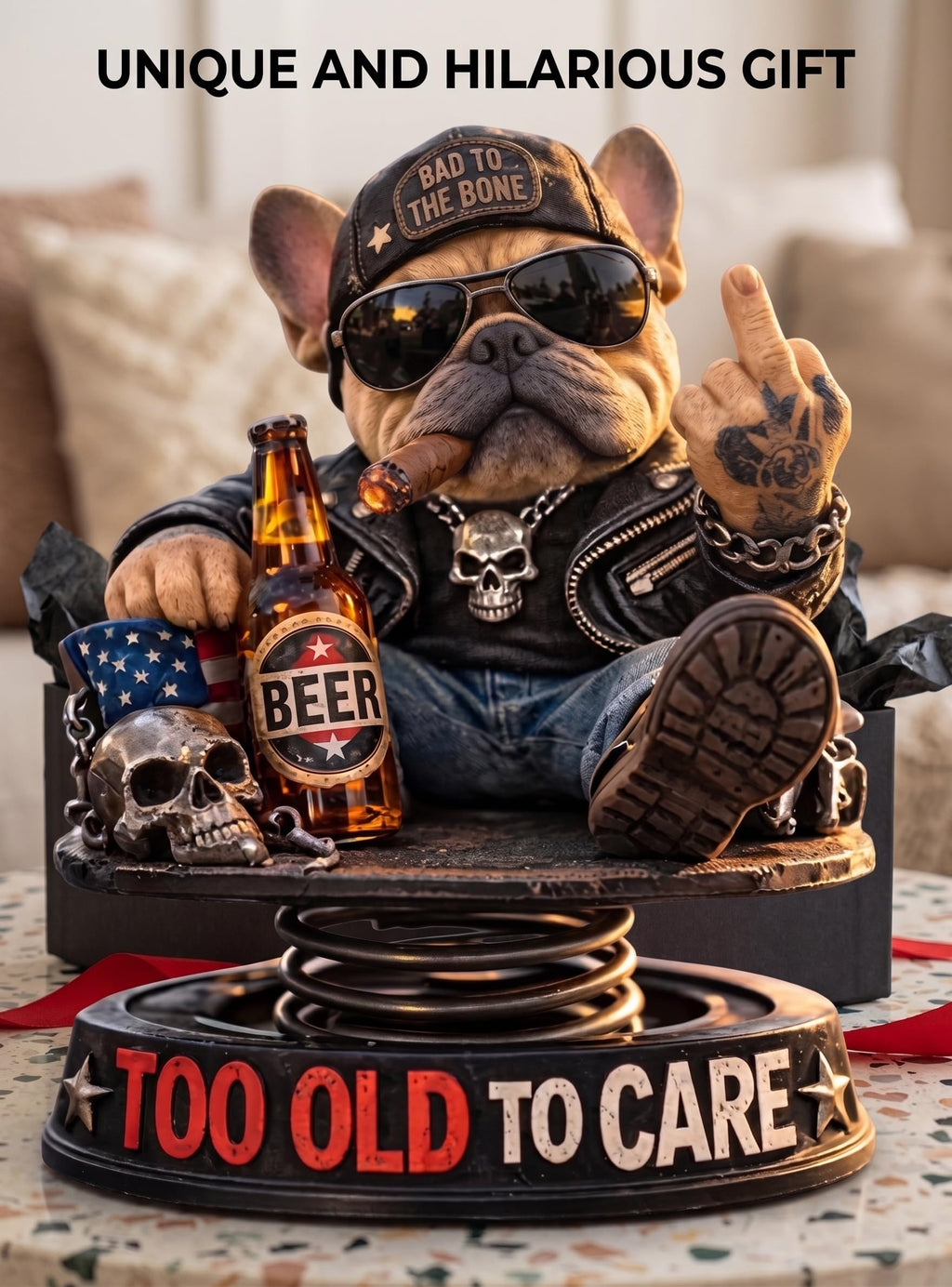 Pure Compression Too Old to Care Bulldog Bobblehead – Funny Car Dash Statue