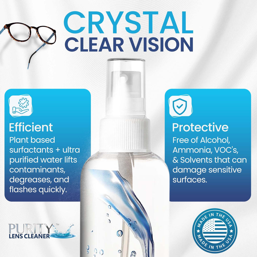 Purity Eyeglass Lens Cleaner Spray Kit - 3 x 8oz Lens Cleaner Spray Bottle + 2 Microfiber Cloth for Cleaning - Safe for All Lenses (AR Coated Included), Eyeglasses and Screens