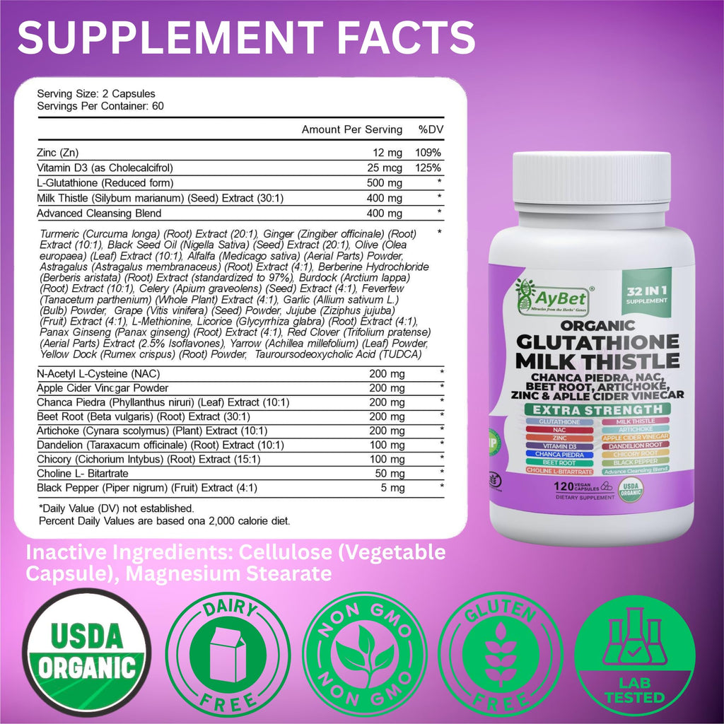 Glutathione NAC Milk Thistle Supplement | Liver Health Support | 32-in-1 Herbal Antioxidant Formula with Chanca Piedra, Turmeric, Dandelion Root, Beet Root & Zinc | Halal Vegan Organic Daily Wellness