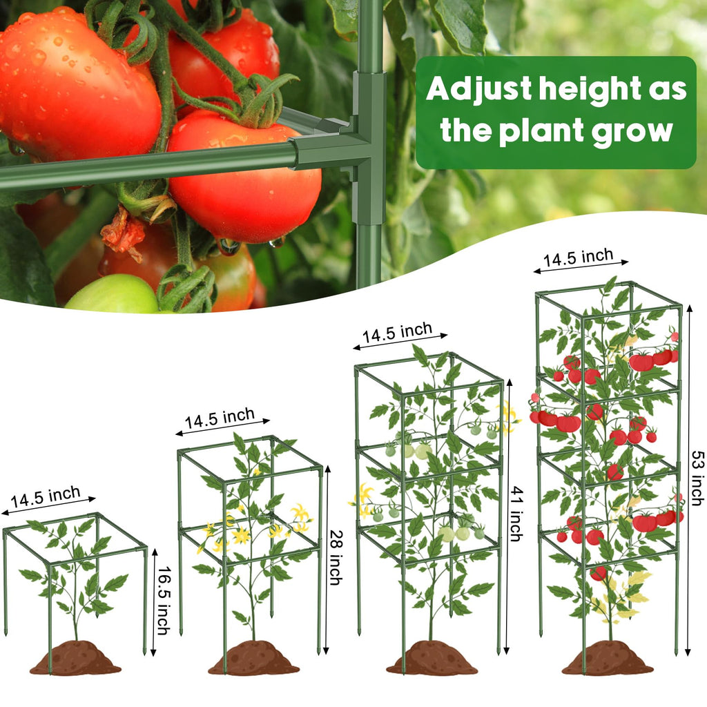 3 Pack Tomato Cage, 14.5" W x 53" H Square Tomato Trellis with 50 Pcs Clips