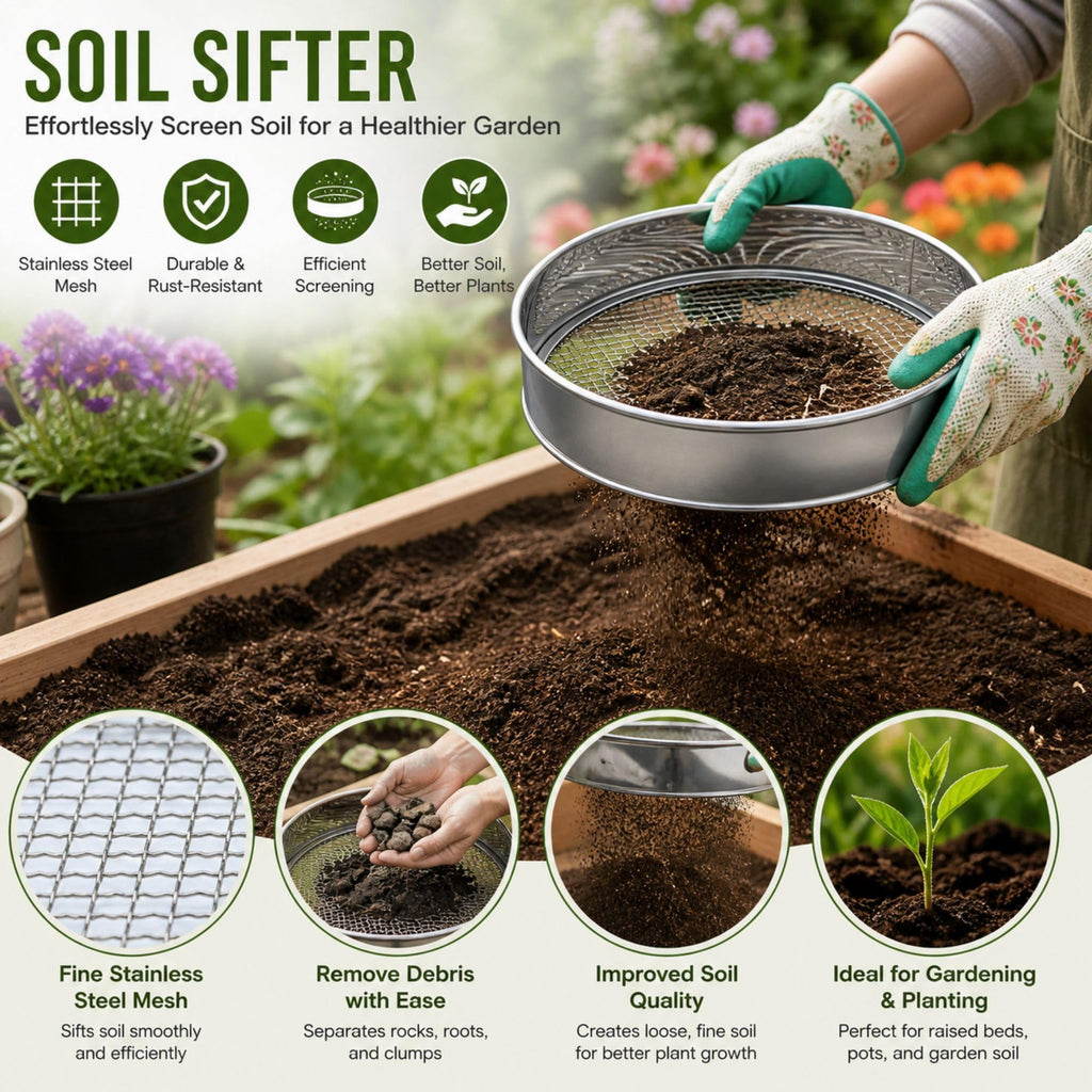 Soil Sifter Set with 3 Sieve Meshes for Rock and Sand - Stainless Steel