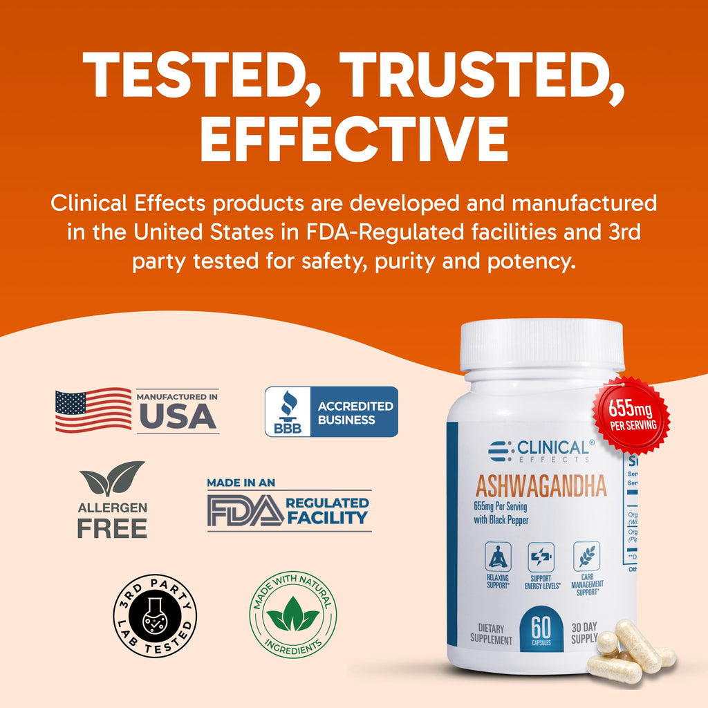 Clinical Effects Ashwagandha with Black Pepper for Stamina and Calm - 60 Ashwagandha Capsules - Made in the USA