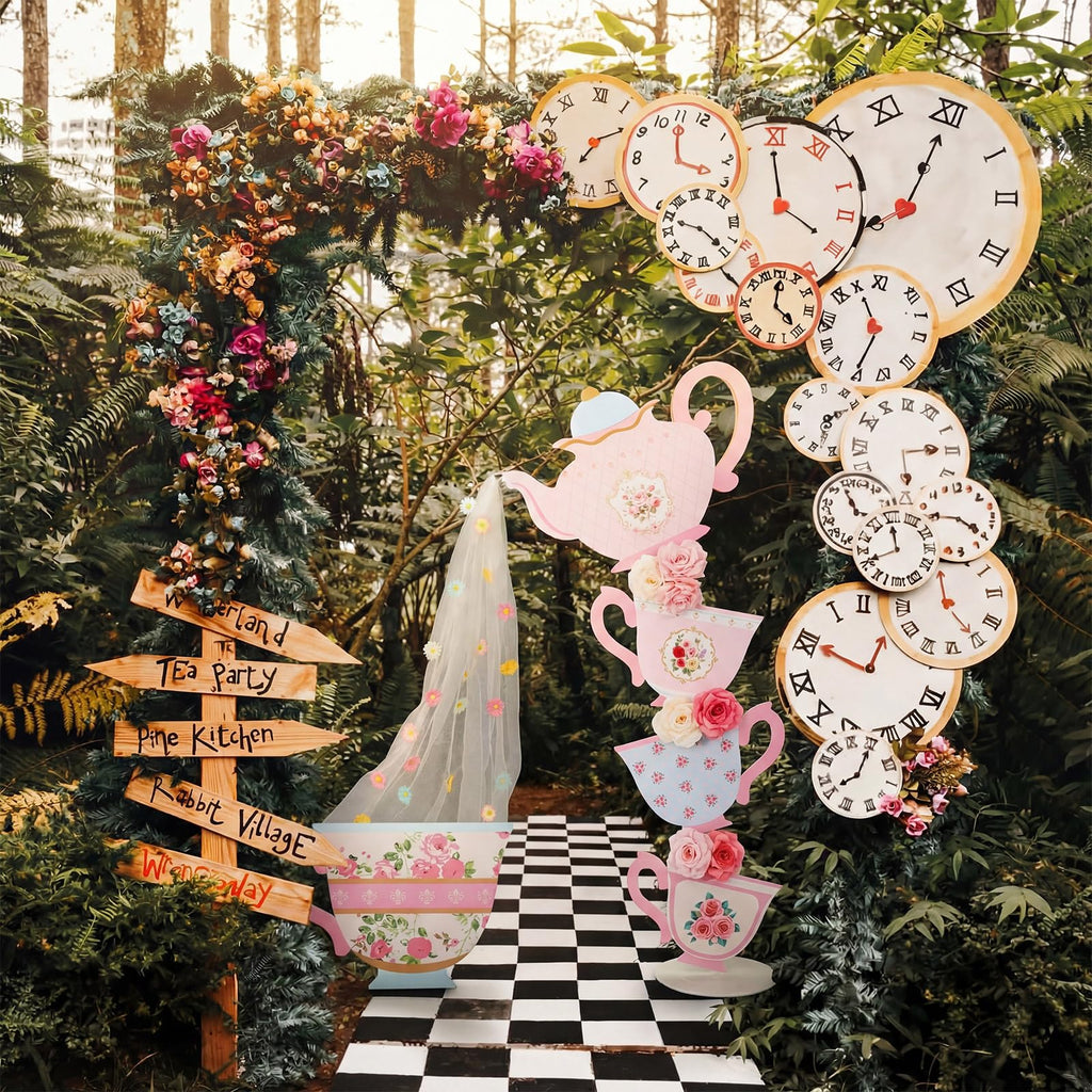 Bucherry 4 Pcs Wonderland Tea Party Yard Decorations Wonderland Garden Yard Sign Stand Set Stacked Teacups Wildflowers with Brackets for Tea Party Birthday Spring Outdoor Decoration