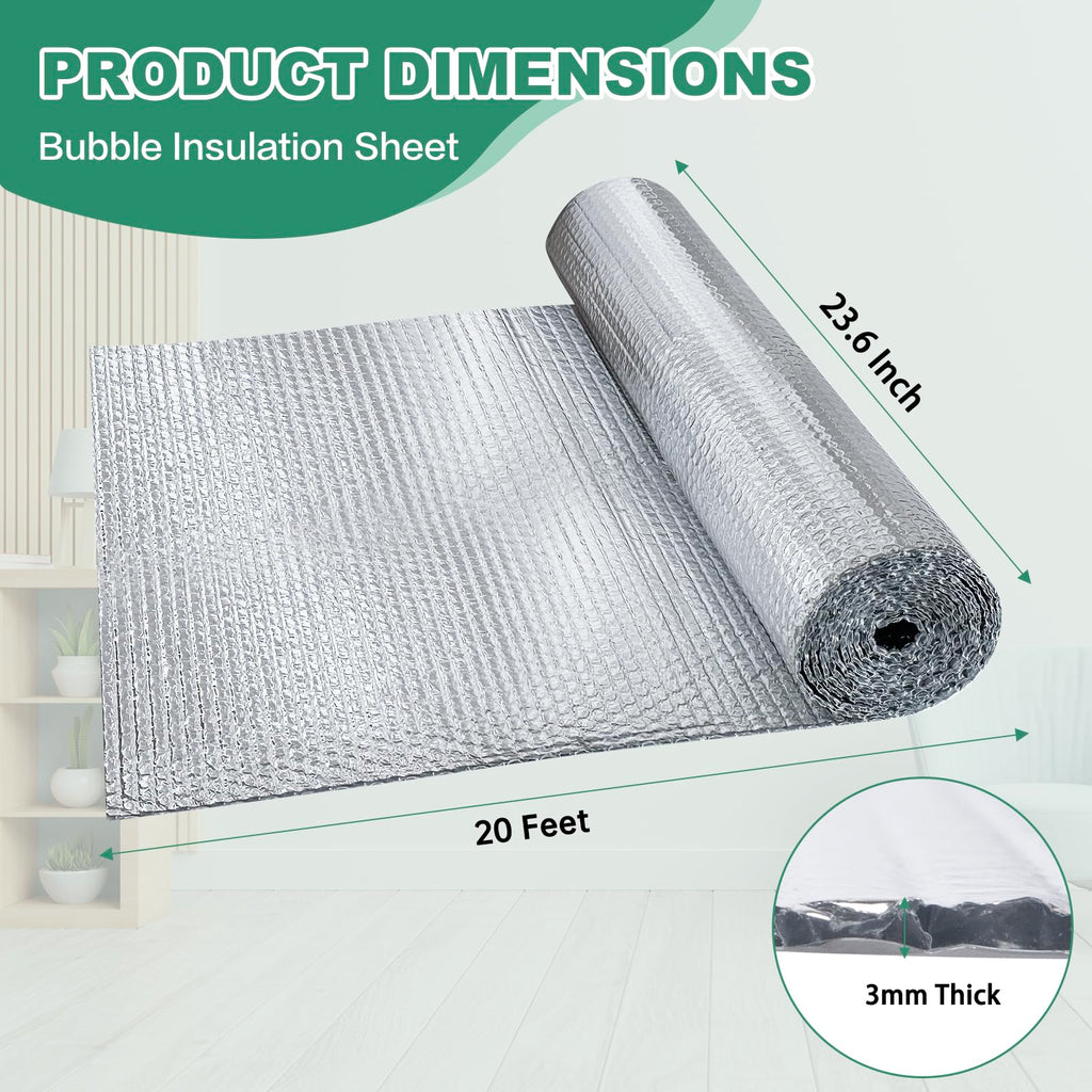 Reflective Bubble Insulation Sheet, Double Side Aluminum Foil Bubble Shield, Aluminum Foil Thermal Insulation Radiant Barrier for Windows, RV, Roof, Garage Door (23.6IN X 20FT)