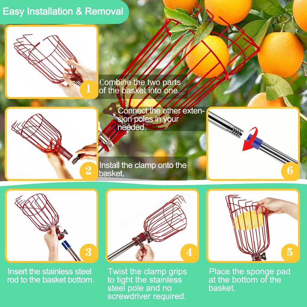 Qiullen 13 FT Extendable Fruit Picker Pole Tool Adjustable Long Handle Fruit Picker Metal Basket Fruit Grabber Tool with Protective Foam Pad Stainless Steel Garden Picker Tool for Apple Mango Lemon