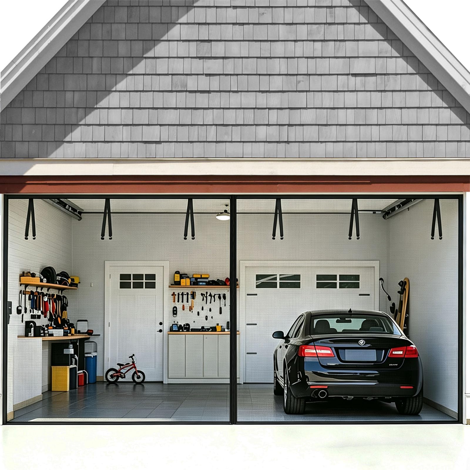 FEGO Garage Door Screen 16x7FT, Magnetic Screen Door with Retractable Fiberglass Mesh and Heavy Duty Weighted Bottom, Easy Assembly&Pass, Hands Free w/ 40 Magnets for 2 Car Garage/Patio/Small Shop