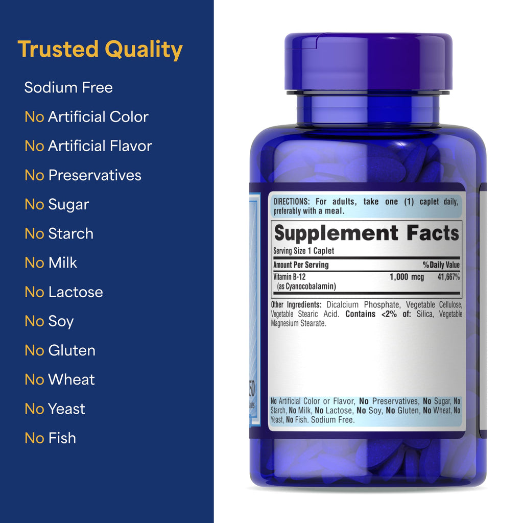 Puritan's Pride Timed Release Vitamin B-12 1000mcg, Vegetarian Dietary Supplement for Energy Metabolism, Heart, Circulatory, and Nervous System Health Support, 8 Month Supply, 250 Caplets