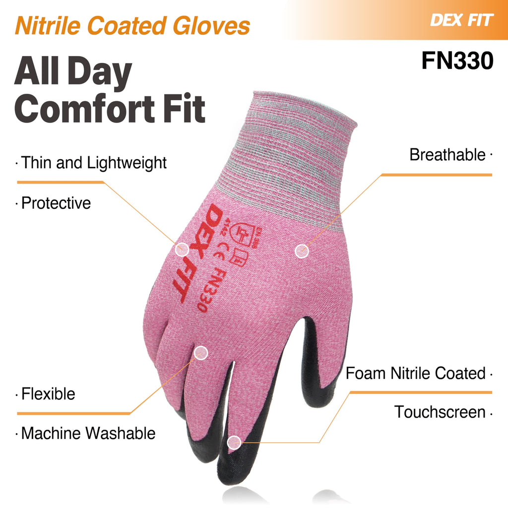 DEX FIT Nitrile Work Gloves FN330, 3 Pairs, 3D-Comfort Stretchy Fit, Firm Grip, Thin & Lightweight, Touch-Screen Compatible, Durable, Breathable & Cool, Machine Washable; Pink XXL (11)