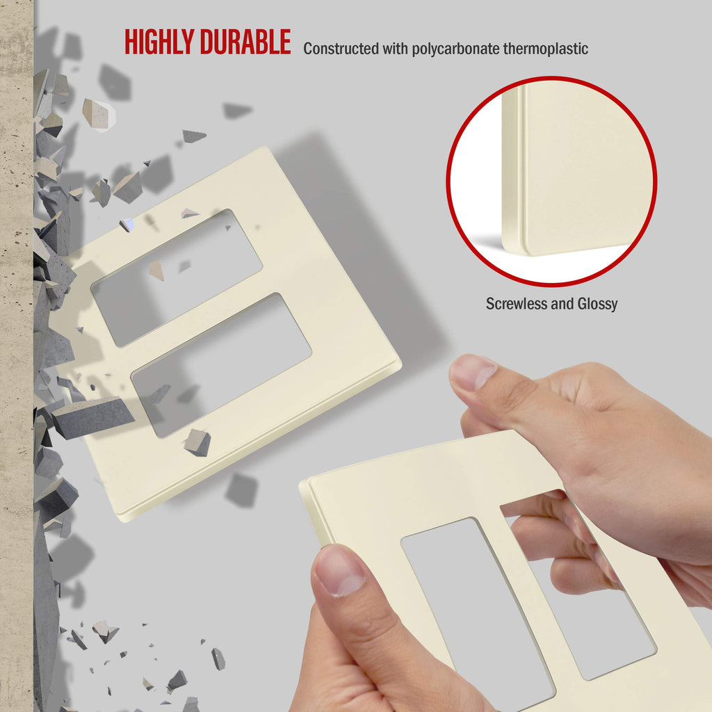 ENERLITES Screwless Decorator Wall Plates Child Safe Outlet Covers, Size 2-Gang 4.68" H x 4.73" L, Polycarbonate Thermoplastic, SI8832-LA-10PCS, Glossy, Light Almond (10 Pack)