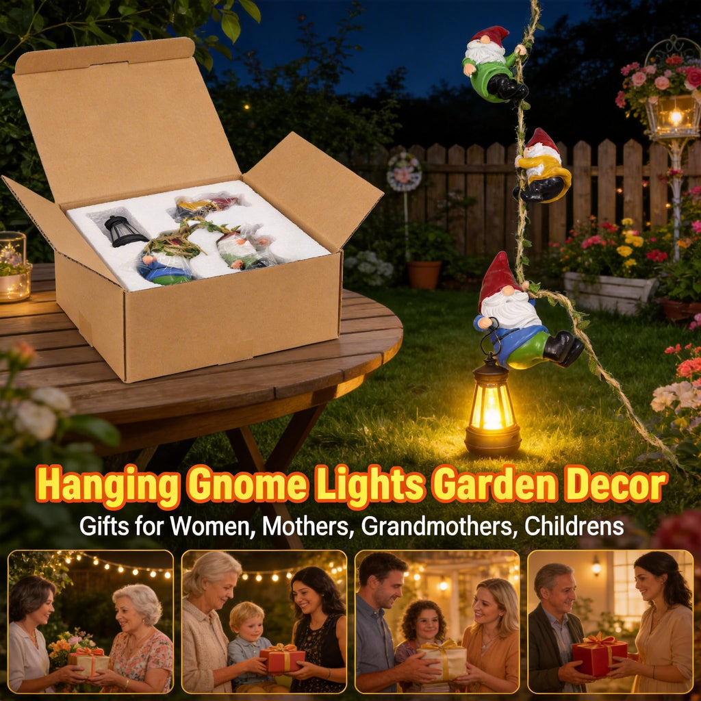 Gnome Garden Hanging Decor, 3 Pack Climbing Gnomes Statues & Solar Lanterns