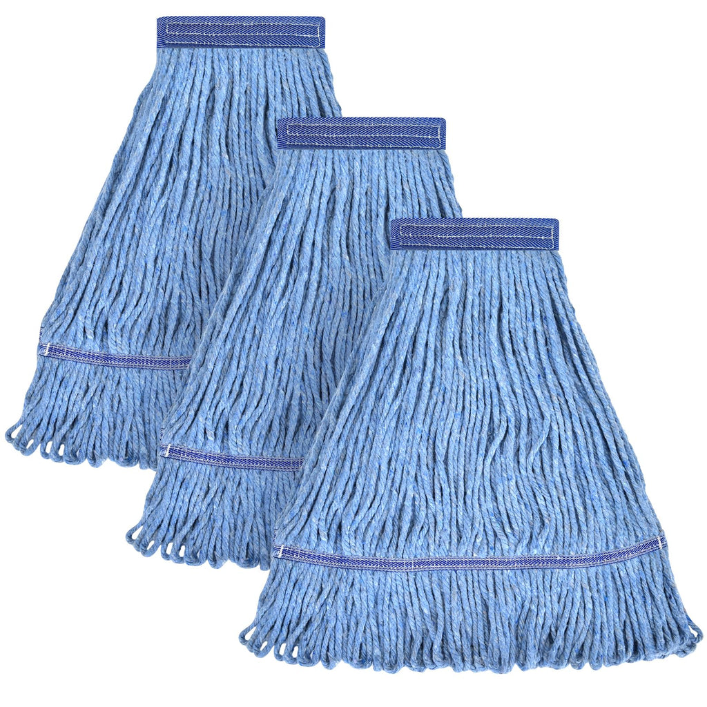 Matthew Cleaning Heavy Duty Mop Head Commercial Replacement for General and Floor Cleaning , Wet Industrial Blue Cotton Looped End String Head Refill (Pack of 3) Blue