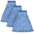Matthew Cleaning Heavy Duty Mop Head Commercial Replacement for General and Floor Cleaning , Wet Industrial Blue Cotton Looped End String Head Refill (Pack of 3) Blue