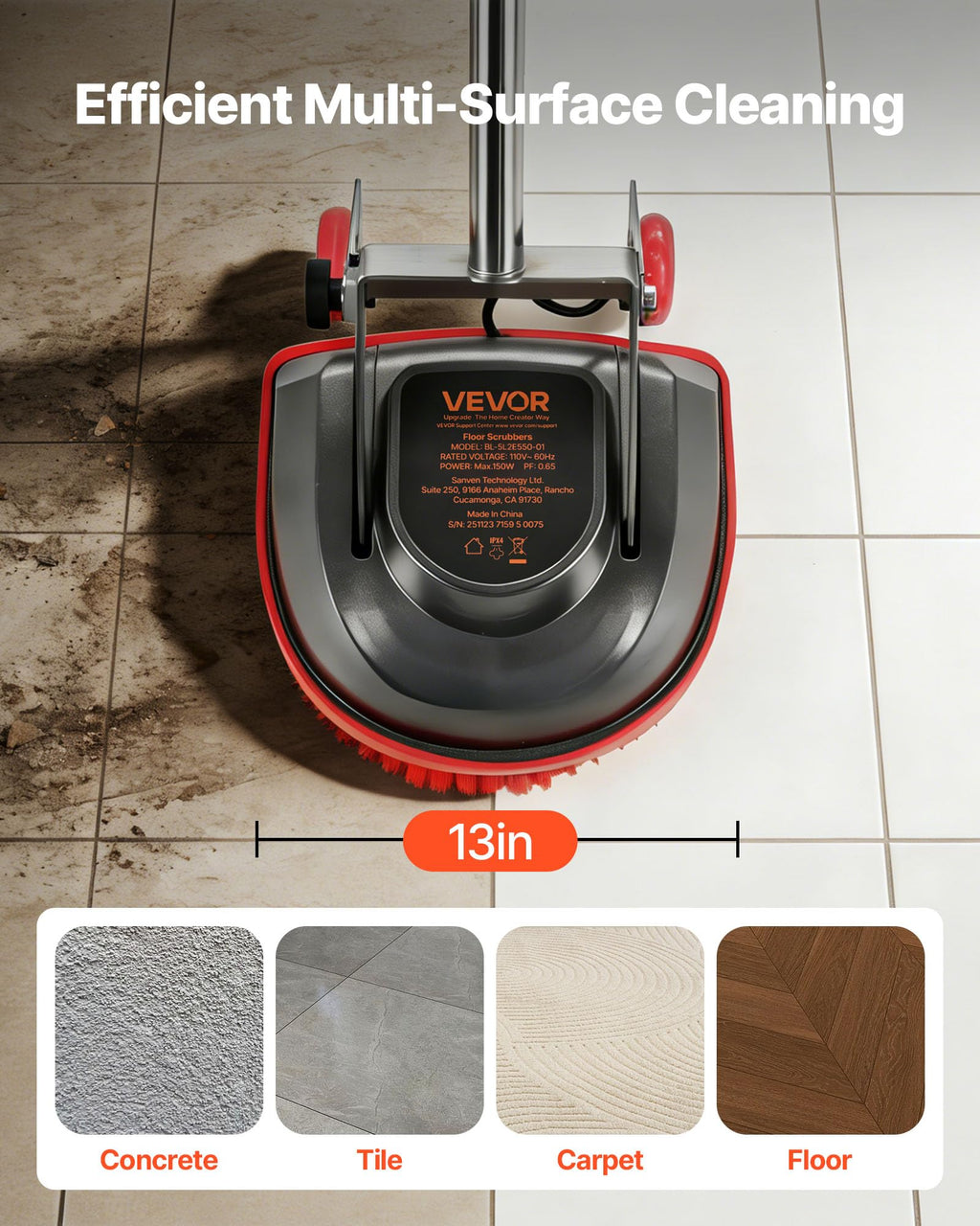 VEVOR Commercial Floor Scrubber Machine, Heavy Duty Floor Cleaner Polisher with 2 Wheels, Professional Electric Carpet Buffer, Max 1900 RPM, 43 FT Cord, 3 Pads & 3 Brushes - All Floor Surfaces