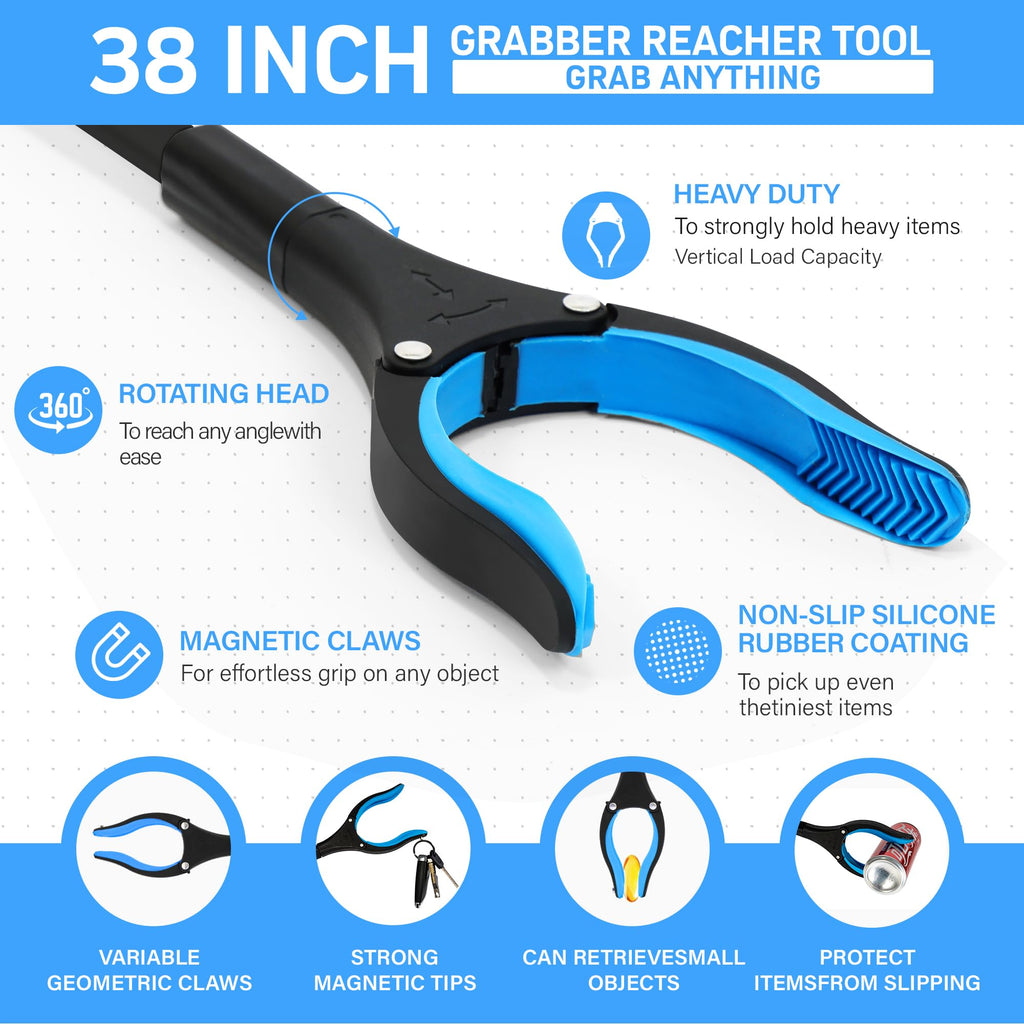 38" Extra Long Grabber Reacher Tool – 3 Pack Foldable Reacher Grabber Pickup Tools with 360° Rotating Jaw & Magnet - Heavy Duty Pick Up Grabbers for Seniors, Trash, Surgery Recovery (Orange Blue Pink)