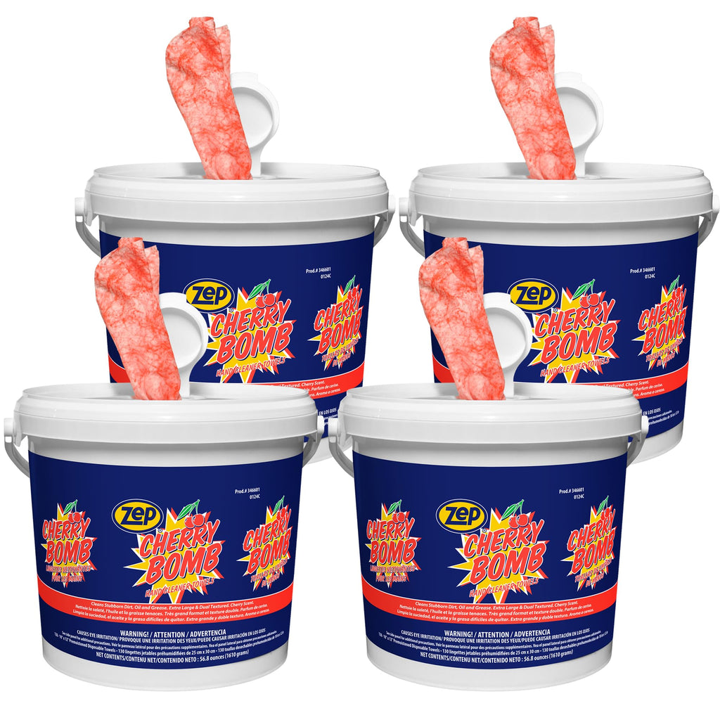 Zep Cherry Bomb Hand Cleaner Towels - 130 Towels Per Bucket (Case Of 4) 346601 Removes Stubborn Industrial Soils Such As Grease, Tar, Ink, Paints and More