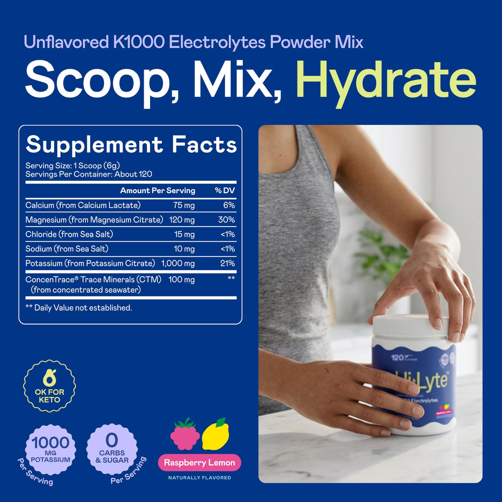 Hi-Lyte Keto K1000 Electrolytes Powder | Raspberry Lemon | Hydration Supplement Drink Mix | Boost Energy & Beat Leg Cramps | No Sugar, No Maltodextrin | 120 Servings