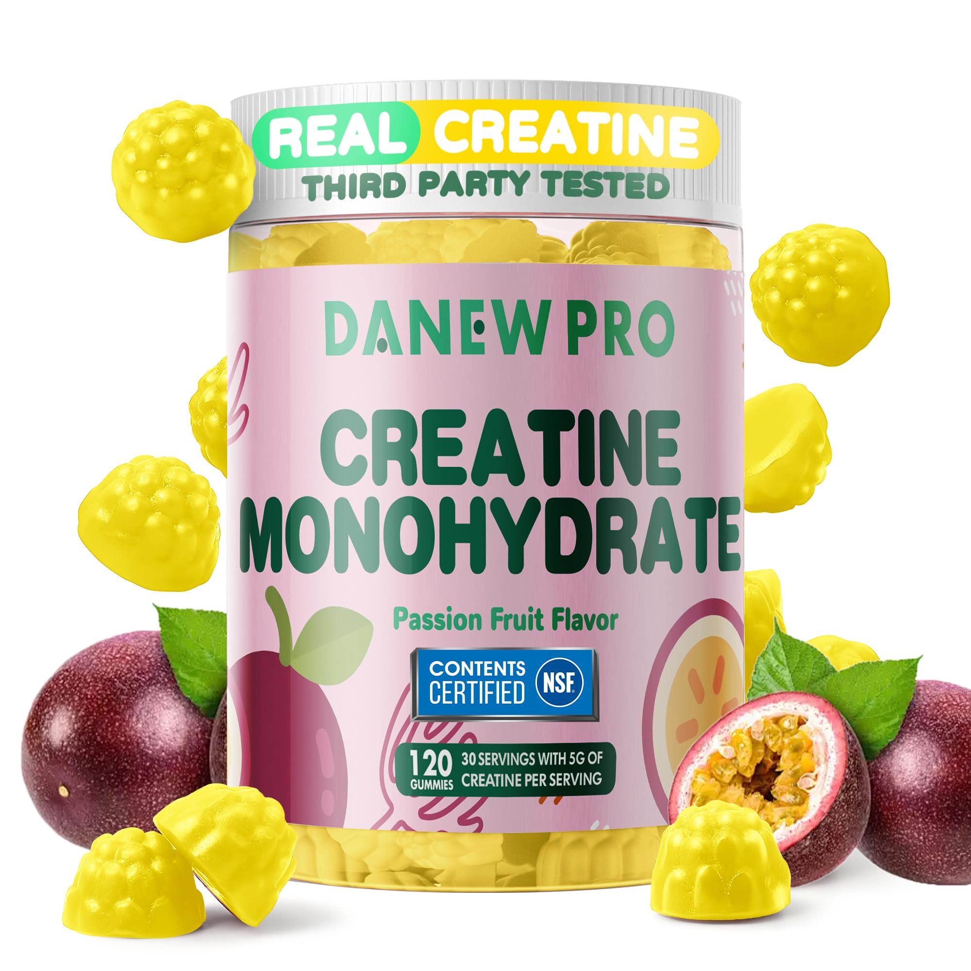 NSF Certified Creatine Gummy 5g - Creatine Monohydrate Gummies for Men & Women, Creatine Monohydrate for Muscle Strength, Muscle Builder, Energy Boost, Pre-Workout Supplement(120 Count)-Passion fruit
