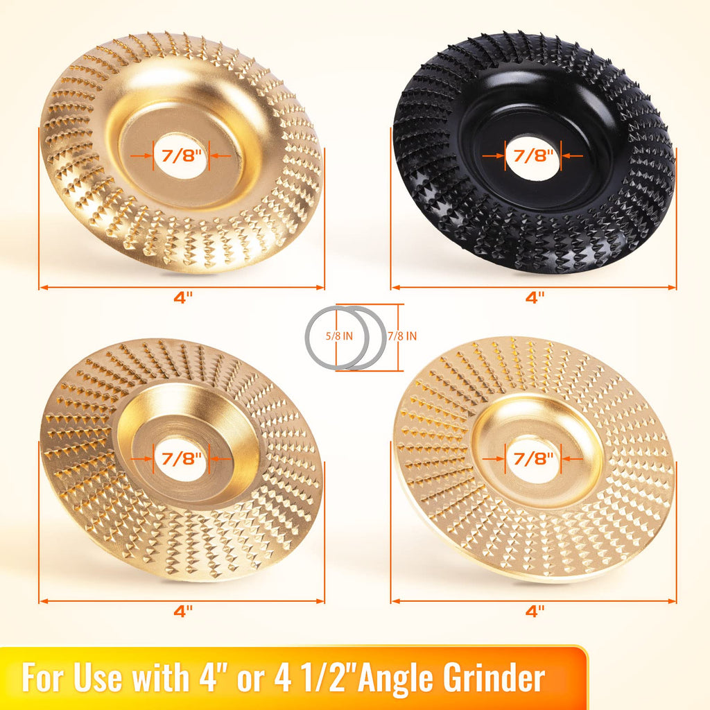 BLEKOO 4PC Angle Grinder Wood Carving Disc Set, for 4" or 4 1/2" Angle Grinder with 5/8" Arbor, Wood Shaper Carving Disc, Stump Grinder Teeth, Wood Shaping Tools