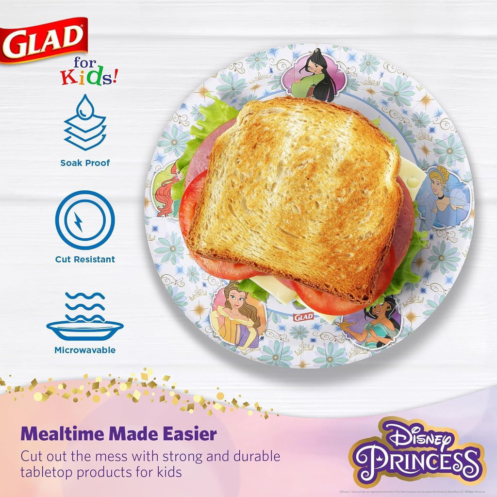Glad Disney Princess Kids Paper Plates, Heavy Duty Soak Proof Microwavable Cut Resistant Disposable Dinner Snack Plates, 8.5 Inch, 40 Count, 8 Pack Multi-Pack