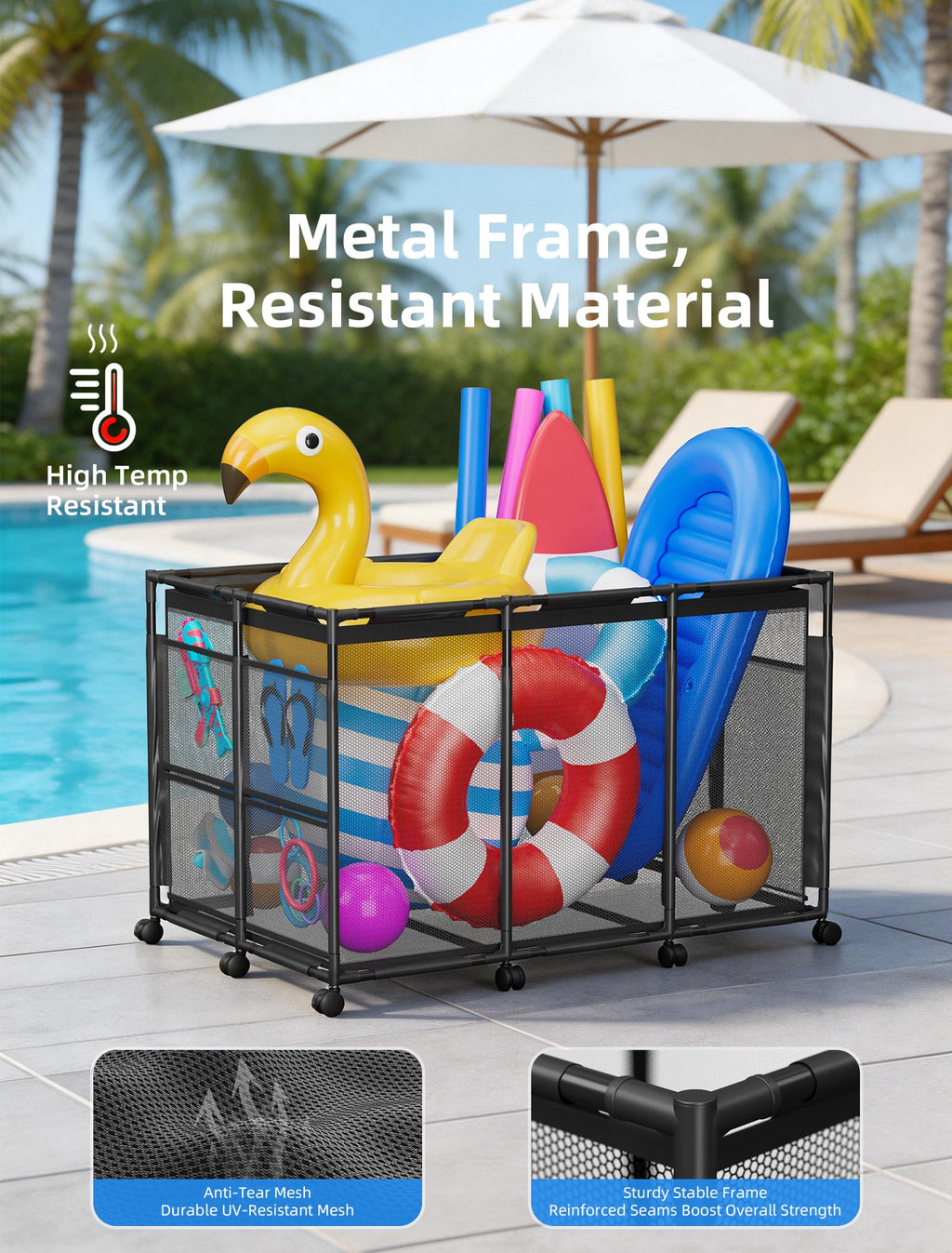 Kompoll Pool Float Storage - Rolling Mesh Pool Storage Bin for Noodles, Goggles, Floats & Balls, XXL Large Outdoor Pool Toy Organizer with Wheels for Swimming Accessories, Black