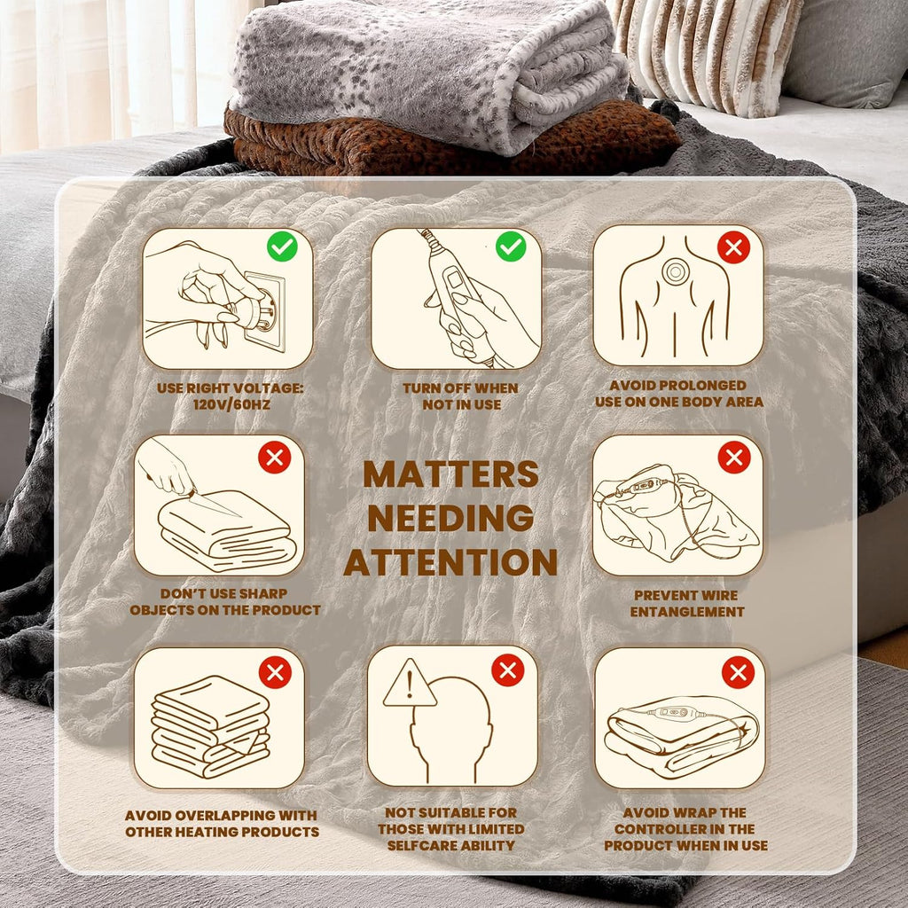 Bearhug Heated Throw Blanket 50" x 60" Electric Throw Warming Blanket Reversible Faux Fur & Sherpa, 6 Heating Levels & 4H Auto Off, Over-Heat Protect, ETL, Washable Heated Blanket Marble Black