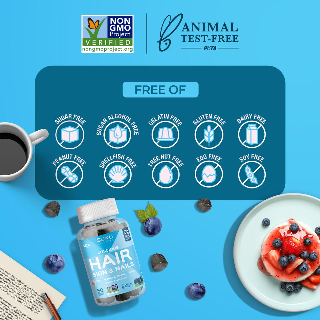 SUKU Vitamins - Luscious Hair - Silicon Biotin and Hydrolyzed Marine Collagen Gummies for Skin, Hair & Nails - Easy to Chew - Non GMO, Gluten Sugar Free - Blueberry Flavored Gummy Vitamins - 50 Count
