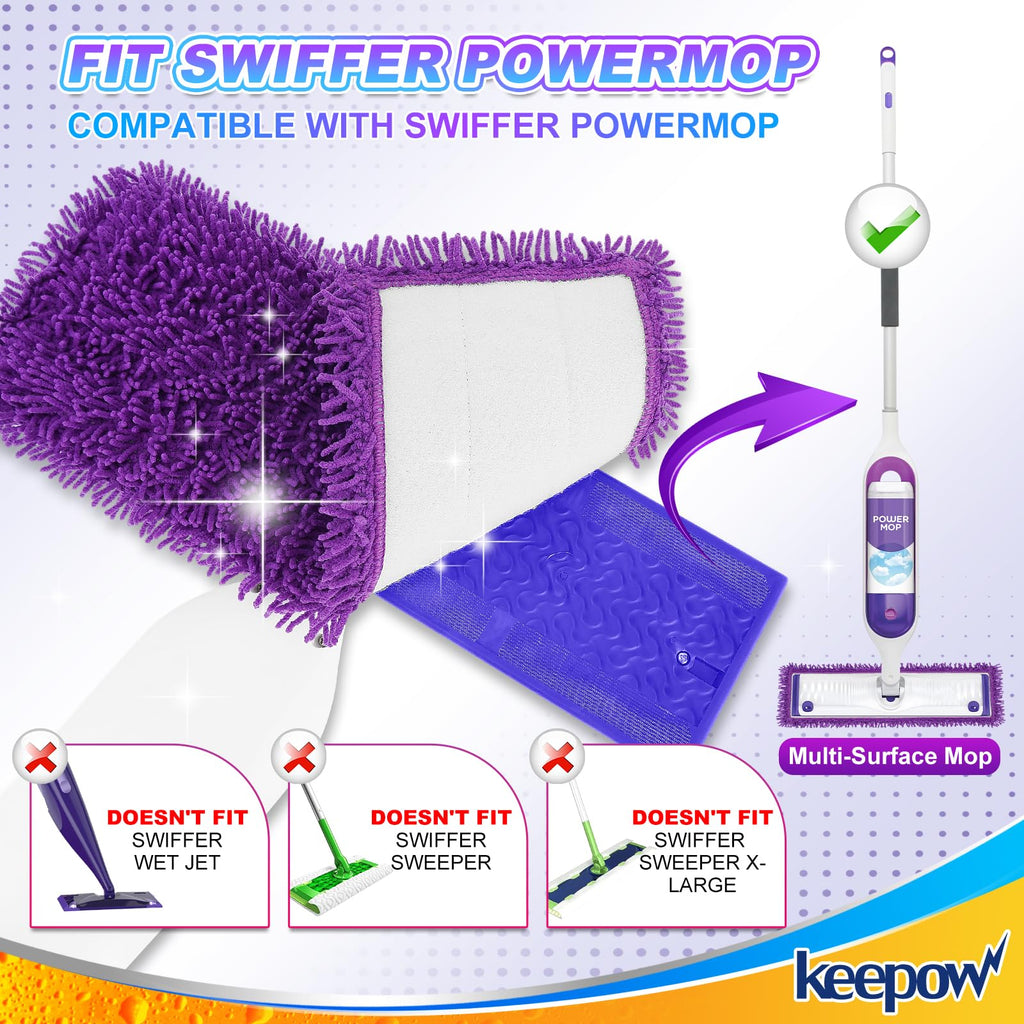 KEEPOW Reusable Power Mop Refills Pads Compatible with Swiffer PowerMop Mop - Power Mop Pads Refill - Washable Microfiber Pads for Multi-Surface Floor Cleaning, 8Pack