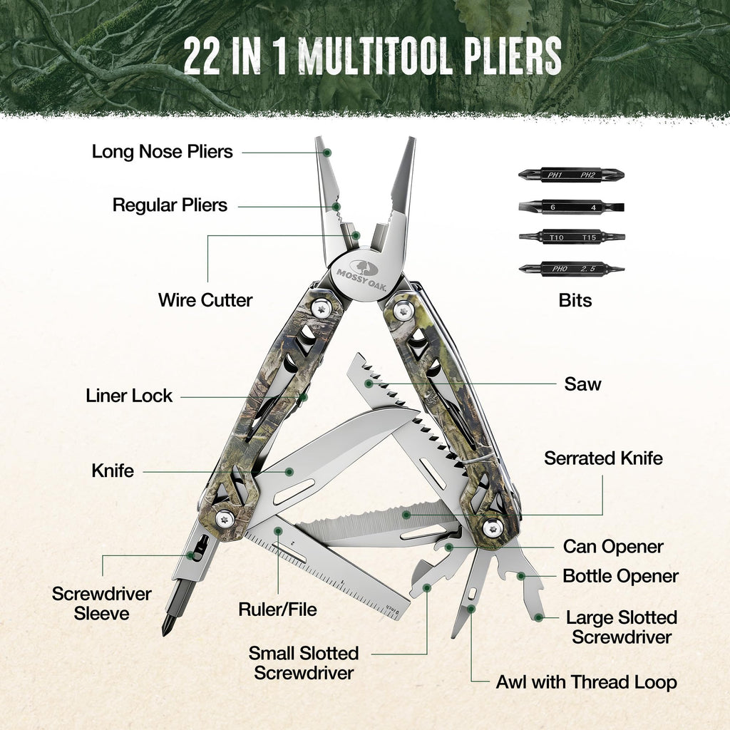 MOSSY OAK Multitool, 22-in-1 Stainless Steel Pliers with Screwdriver Sleeve, Camo Steel Handle, Self-locking Knife with Sheath-Perfect for Outdoor, Survival, Camping, Hiking, Simple Repair