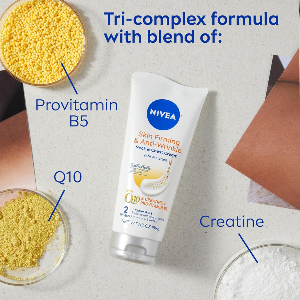 NIVEA Skin Firming & Anti Wrinkle Neck & Chest Cream with Coenzyme Q10, Creatine and Provitamin B5, Skin Firming Cream Reduces the Look of Fine Lines and Wrinkles, 6.7 Oz Tube