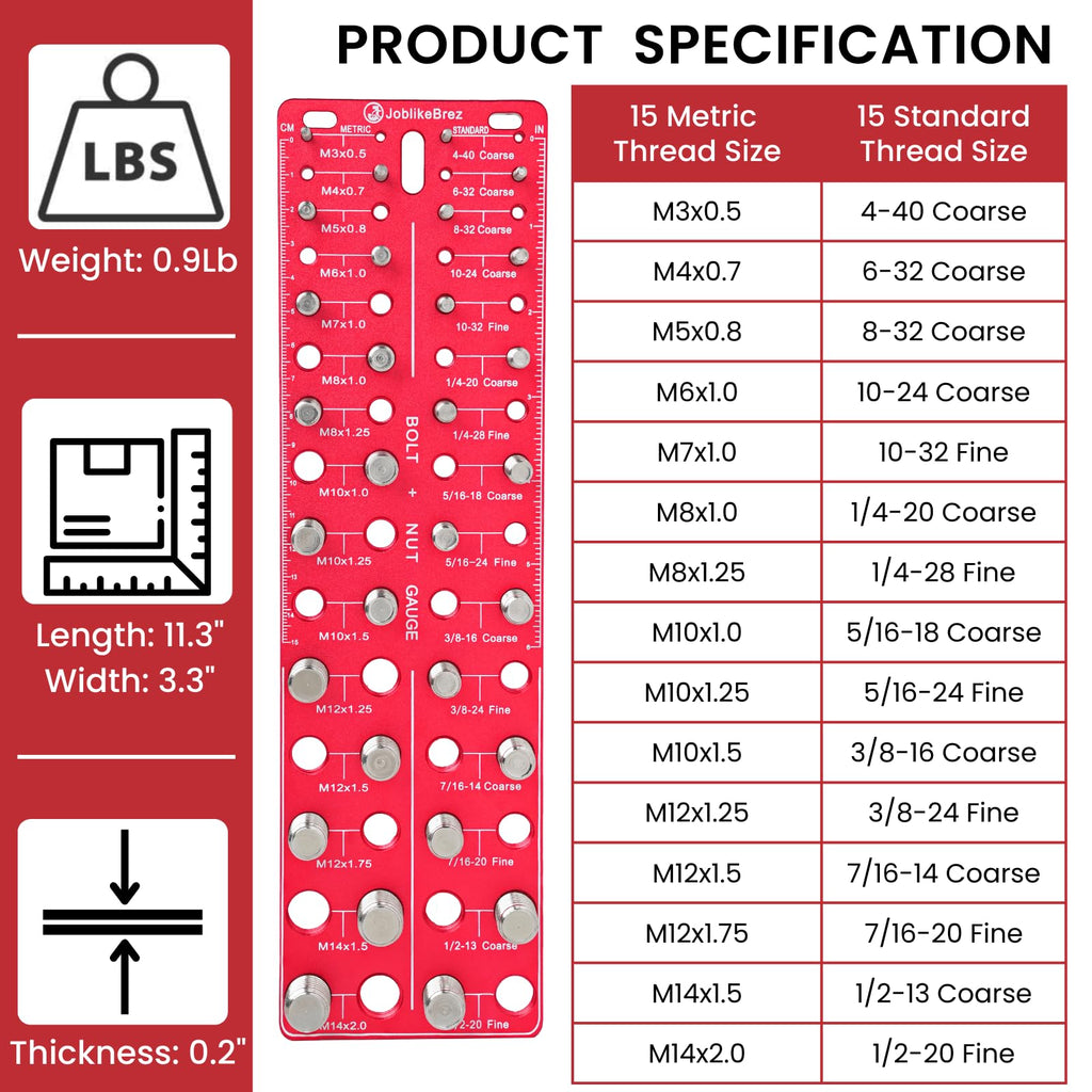 JoblikeBrez Thread Checker, 30 Nut and Bolt Thread Checker, Bolt Size and Thread Gauge 15 Standard & 15 Metric, Bolt Size Finder, Wall-Mountable Bolt Thread Identifier Gauge with Inch & CM Ruler