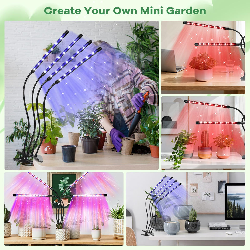 AURAZIGLI Led Grow Lights, 4 Heads Red Blue Plant Light with Clamp for Indoor Plants & Seed Starting, 10-Level Dimmable, Auto On Off, Timing 3 9 12Hrs