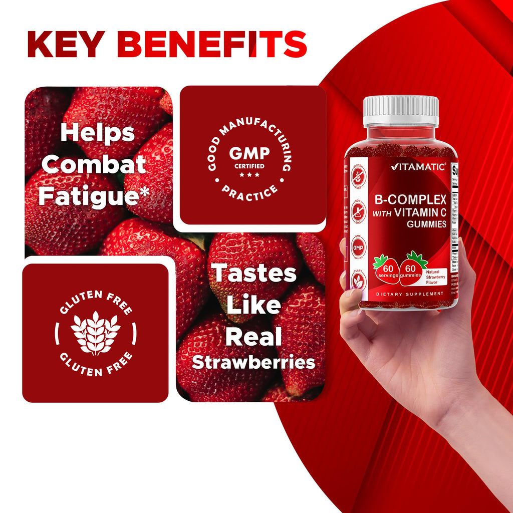 Vitamatic Vitamin B Complex Gummies with Vitamin C & Inositol - Natural Strawberry Flavor - 60 Gummies (2 Bottles)