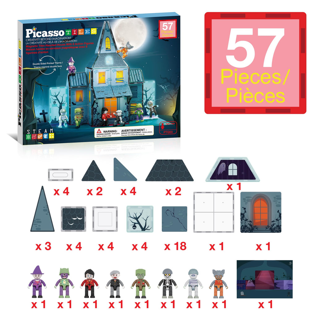 PicassoTiles 57 PCS Magnetic Tiles Halloween Haunted House STEM Set Ages 3+