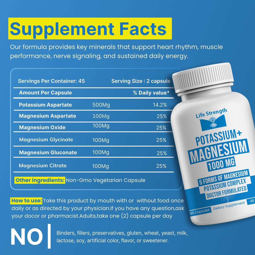 Life Strength, Potassium Magnesium Supplement 1000mg - 90 Capsules – Potassium & Magnesium Complex with Aspartate, Glycinate, Oxide, Gluconate & Citrate – Muscle, Leg & Electrolyte Support