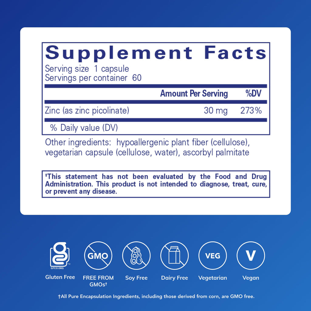 Pure Encapsulations Zinc 30 mg - Supplement for Immune System Support, Growth and Development, and Wound Healing* - with Zinc Picolinate 30 mg - 60 Capsules