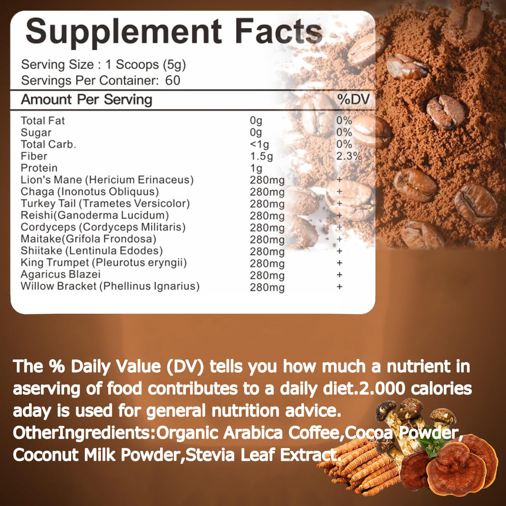 Suiyilary Mushroom Coffee, 10 Mushroom Extract Powder Blend Lion's Mane, Reishi, Chaga, Cordyceps, Turkey Tail, Brain Supplements with Instant Coffee for Energy, Focus, Memory and Immunity 300g