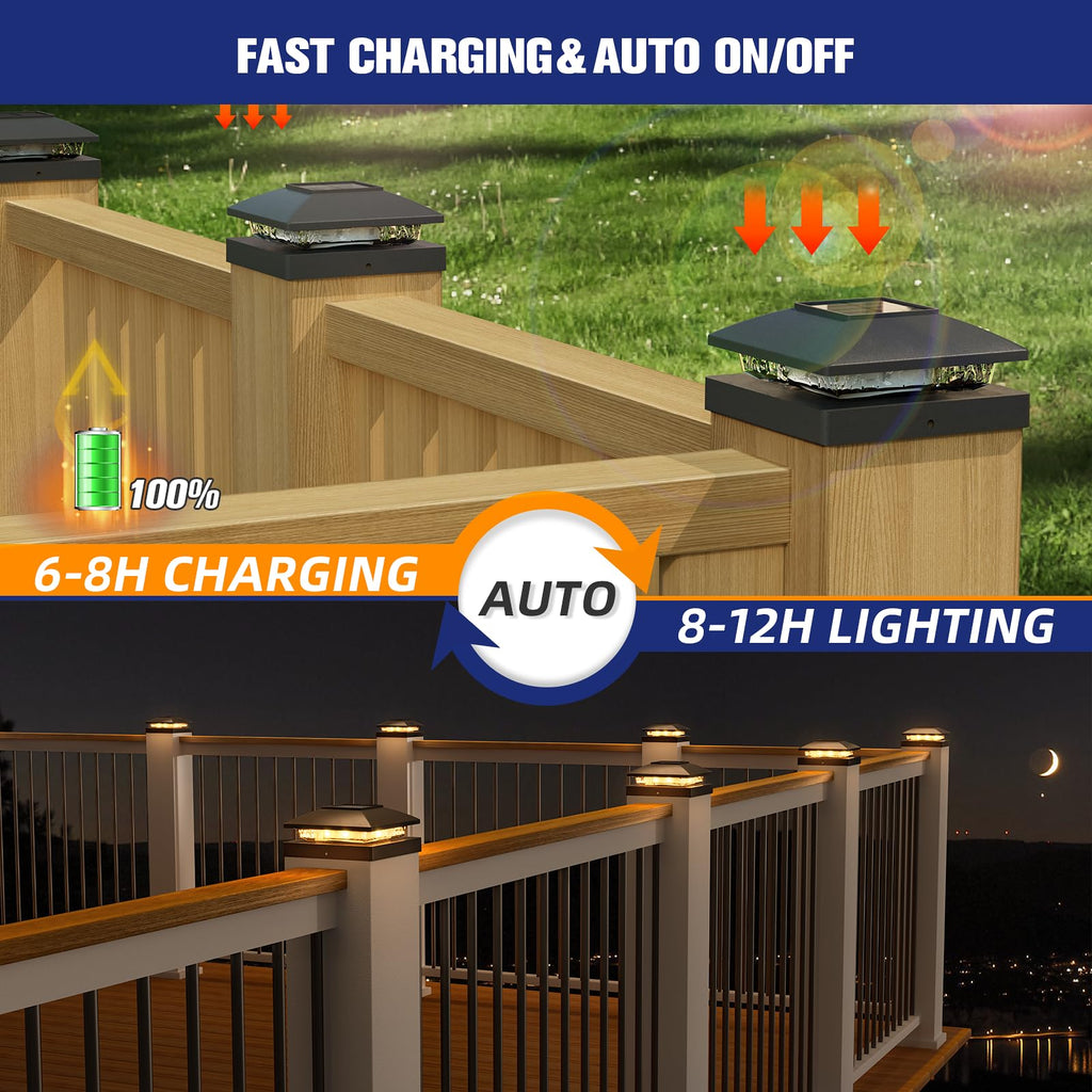 APONUO Solar Post Cap Lights for 4x4 Posts - IP64 Waterproof, 3000K LED, No-Wire Fence Lights & Deck Lights for Patio Garden Yard Patio, Black-Warm White, 12 Pack